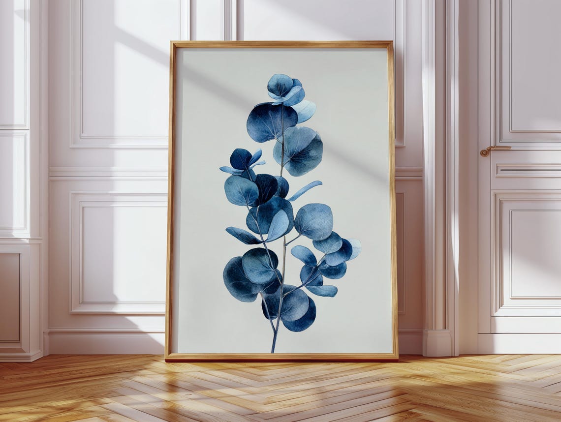 Modern Blue Eucalyptus Stem Watercolor Minimal Botanical Poster