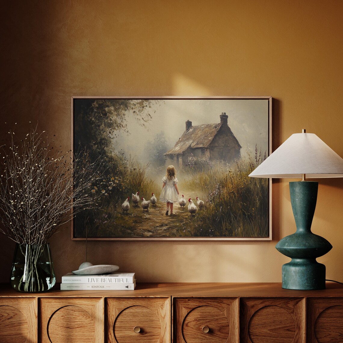Rustic Cottage Girl With Chickens Vintage Art Print - Image 4