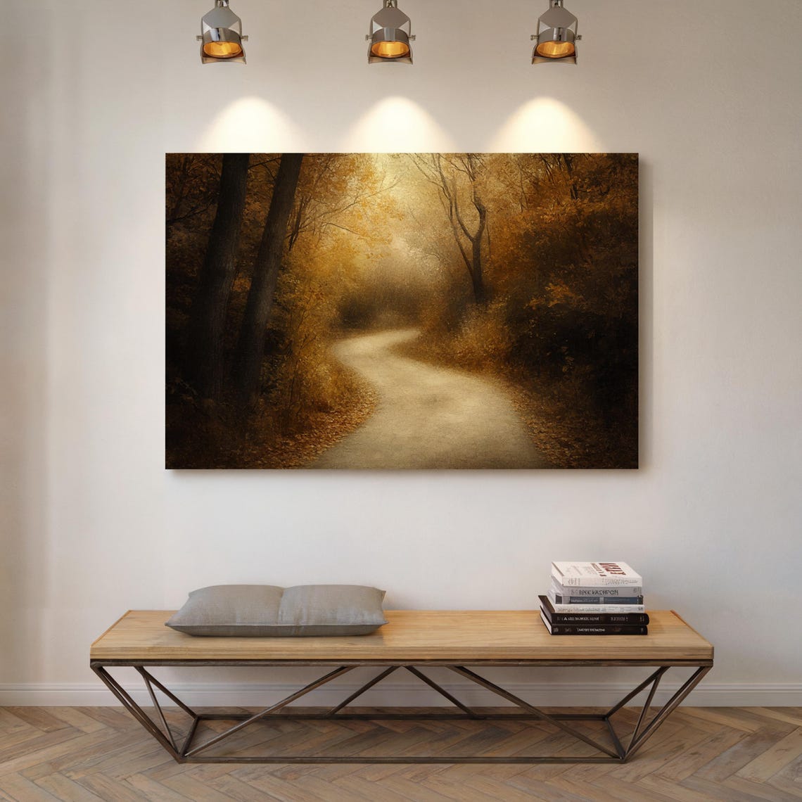 Misty Golden Forest Path Moody Autumn Landscape Painting Wall Art - Image 3