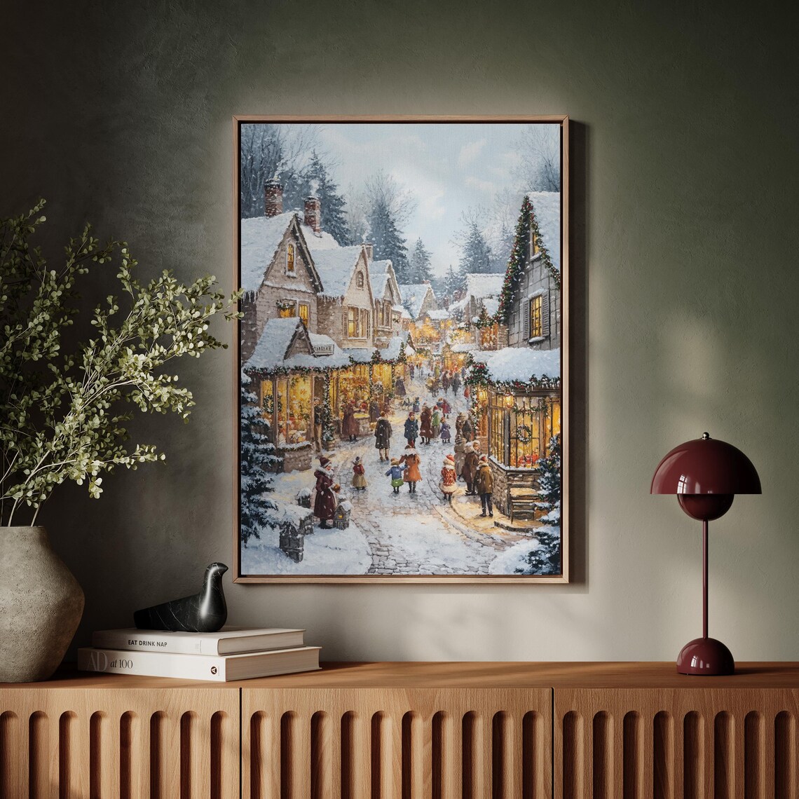 Charming Old Town Christmas Market Street in Winter Snow Art Poster - Image 4
