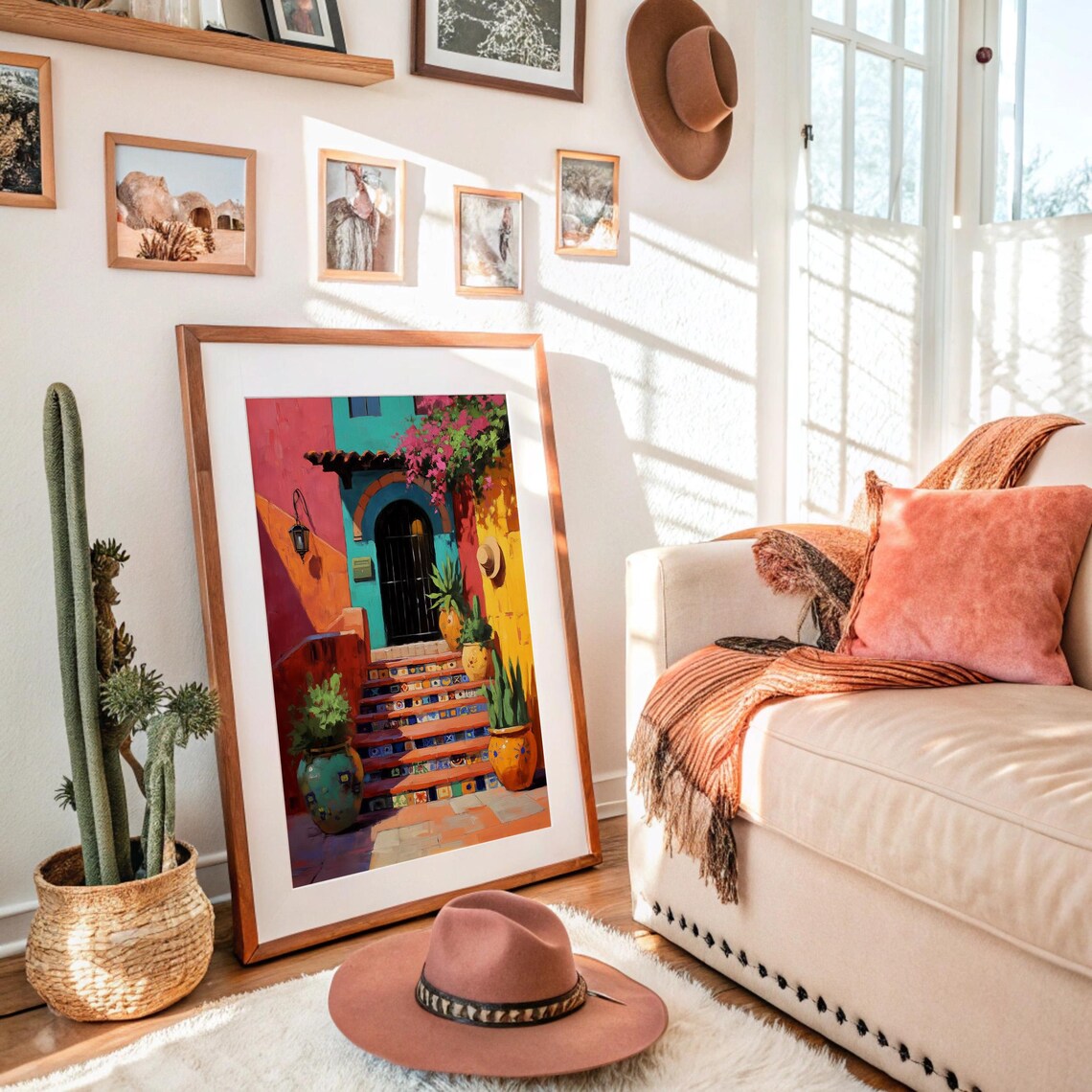 Colorful Mexican Courtyard Art Print, Tile Stairs