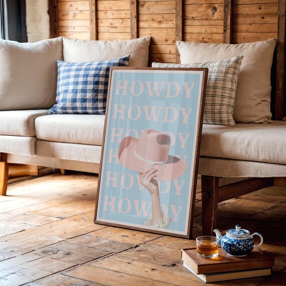 Howdy Pink Cowboy Hat Western Repeat Text Retro Statement Poster