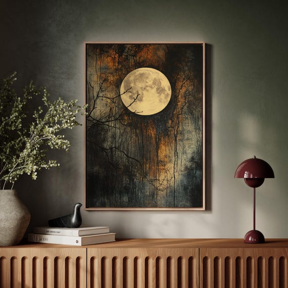 Gothic Full Moon Dark Abstract Night Sky Wall Art Moody Lunar Painting Mysterious Moonlight Decor