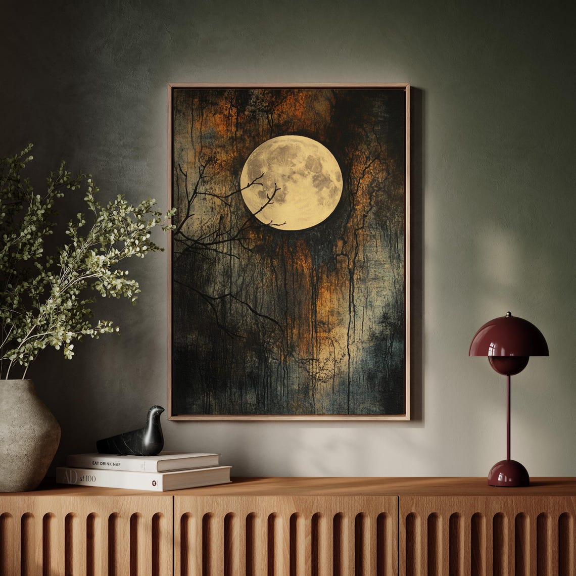 Gothic Full Moon Dark Abstract Night Sky Wall Art Moody Lunar Painting Mysterious Moonlight Decor