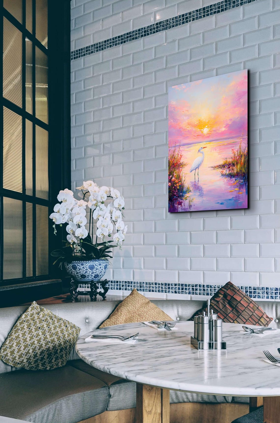 White Egret in Pastel Watercolor Sunset Wetland With Pink Sky Poster - Image 7
