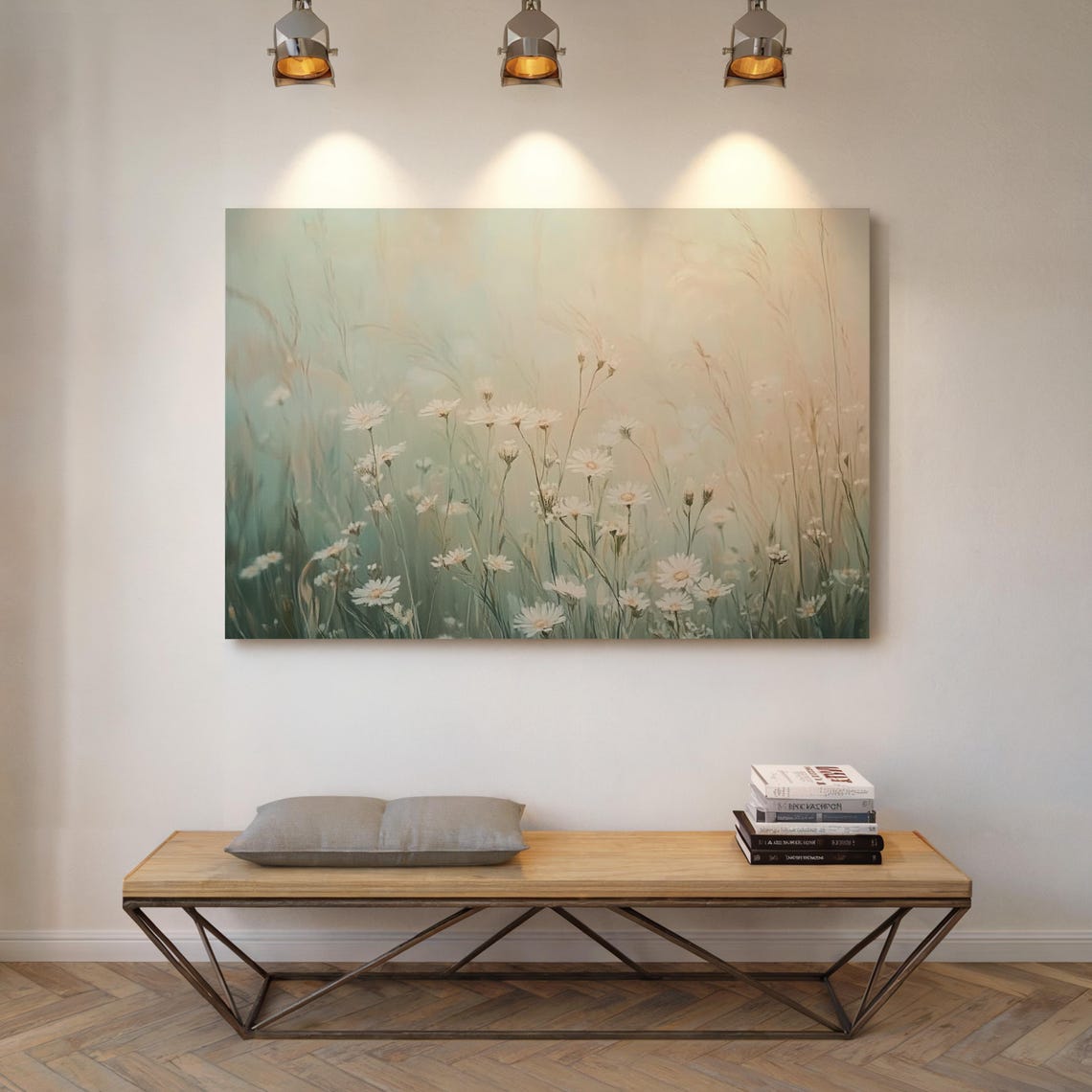 White Daisy Meadow Soft Pastel Misty Wildflower Field Wall Art - Image 5