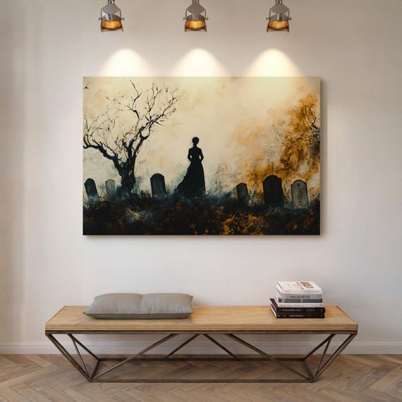 Gothic Graveyard Art Haunting Silhouette Painting Dark Aesthetic Wall Decor Victorian Mourning Print Macabre Cemetery