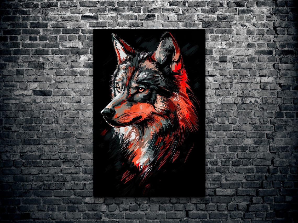 Red and Gray Wolf Portrait Bold Brushstroke Art on Black Poster - Image 2