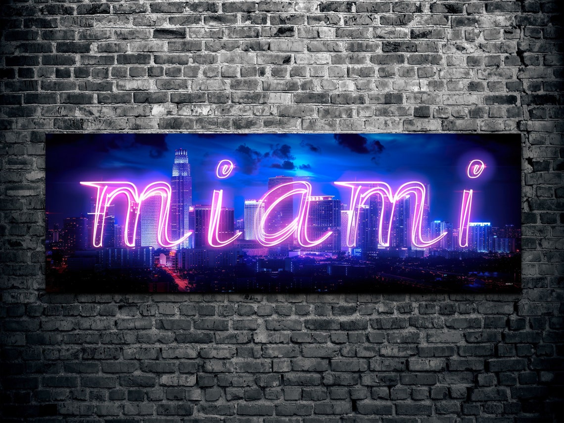 Miami Neon Script Sign Night Skyline Panoramic Urban Glow Poster - Image 2