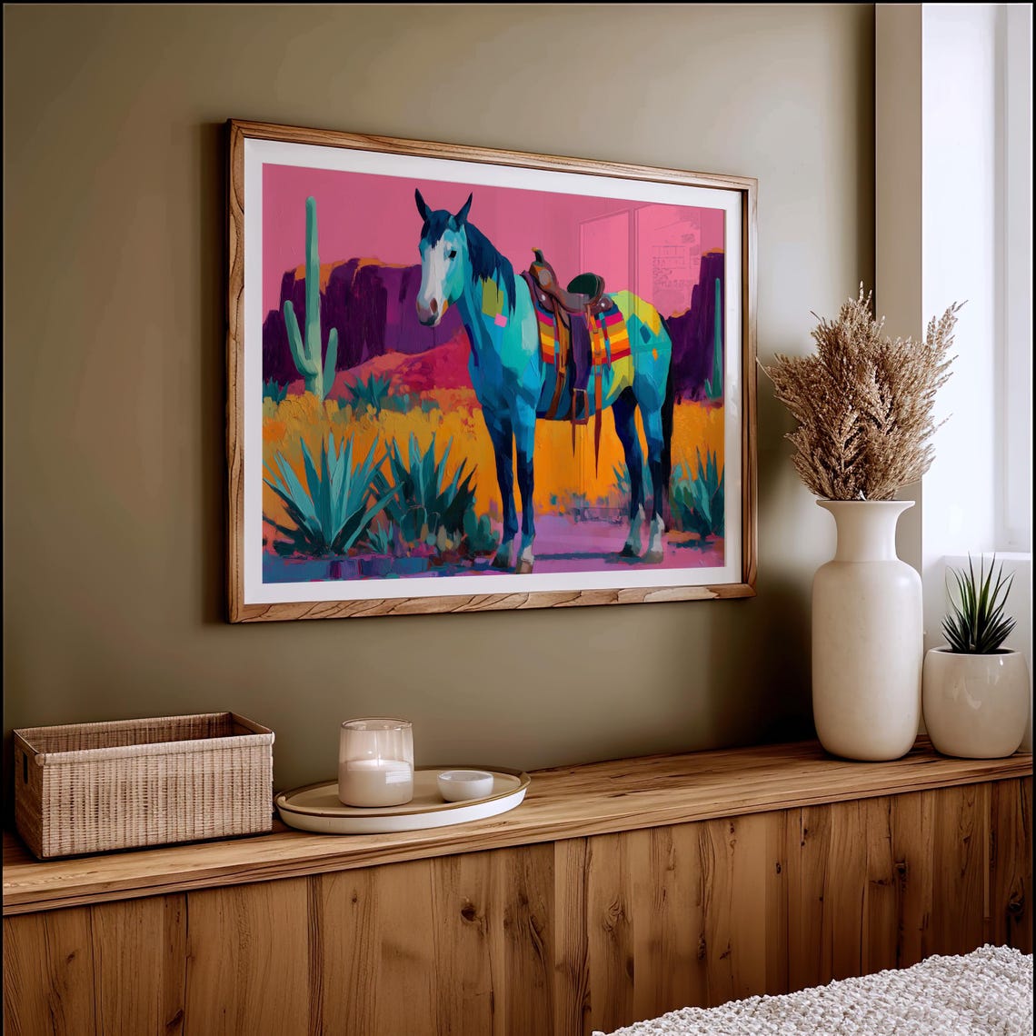 Vibrant Southwestern Horse With Saddle In Desert Cactus Poster