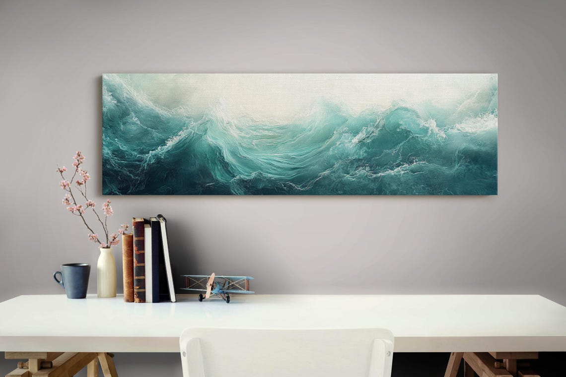 Turbulent Teal Ocean Wave Crashing Sea Foam Panoramic Coastal Print - Image 3
