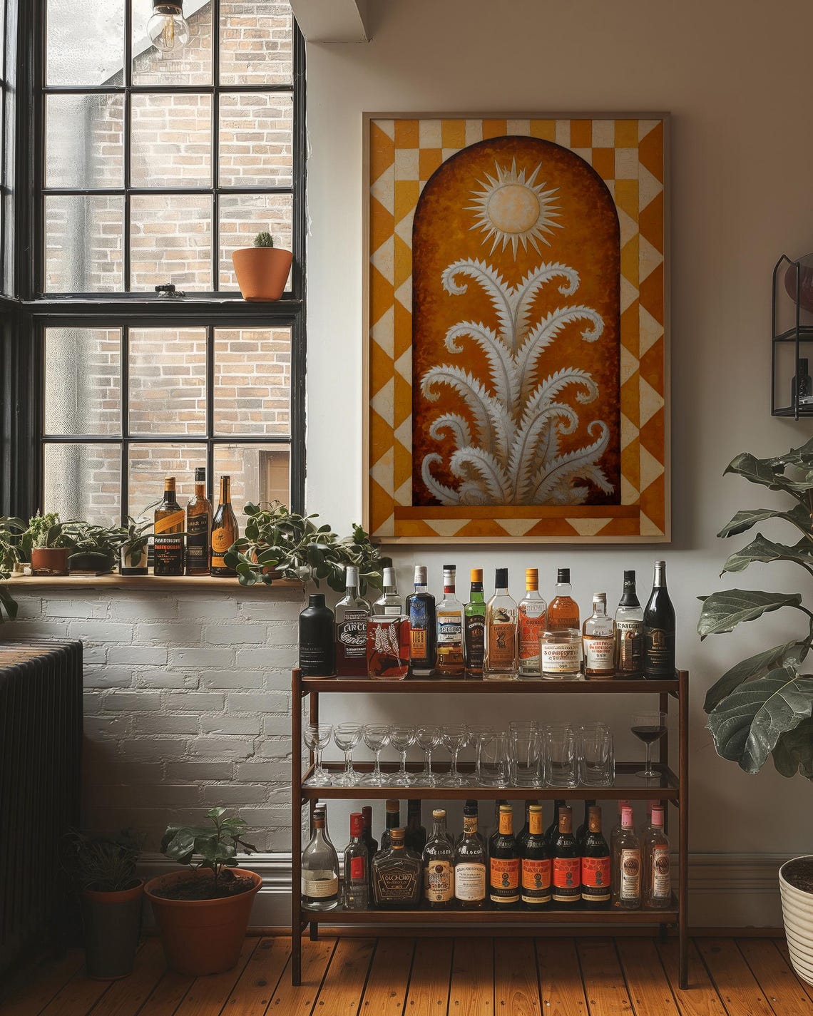 Golden Sunburst With White Fern In Arch Mid Century Art Poster