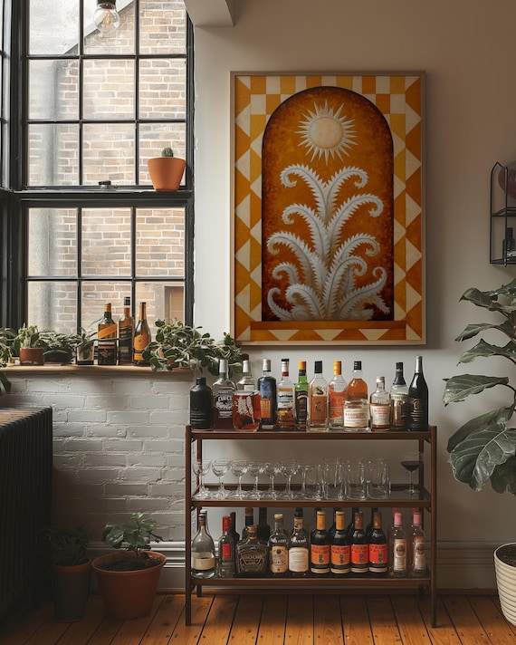 Golden Sunburst With White Fern In Arch Mid Century Art Poster
