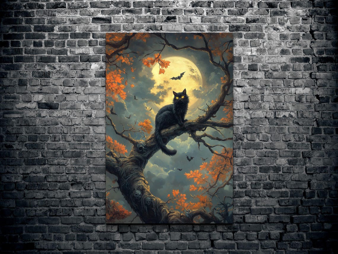 Black Cat Under Full Moon Autumn Tree Halloween Night Poster - Image 2
