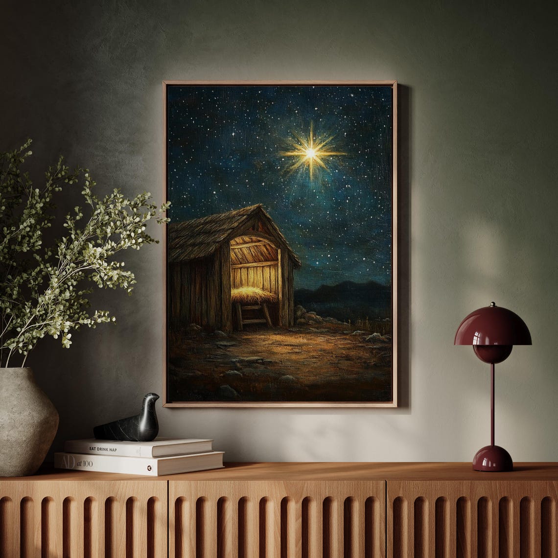 Rustic Nativity Scene With Star Of Bethlehem Glowing Manger Poster