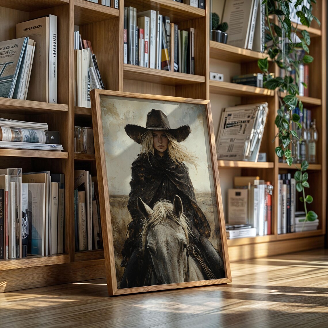 Blonde Cowgirl on White Horse Sepia Tone Western Portrait Poster