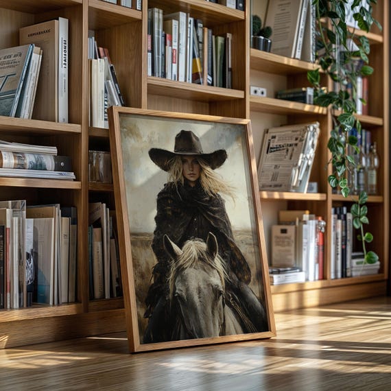 Cowgirl On Horseback Western Canvas Rustic Desert Portrait Wall Art With Vintage Oil Painting Style