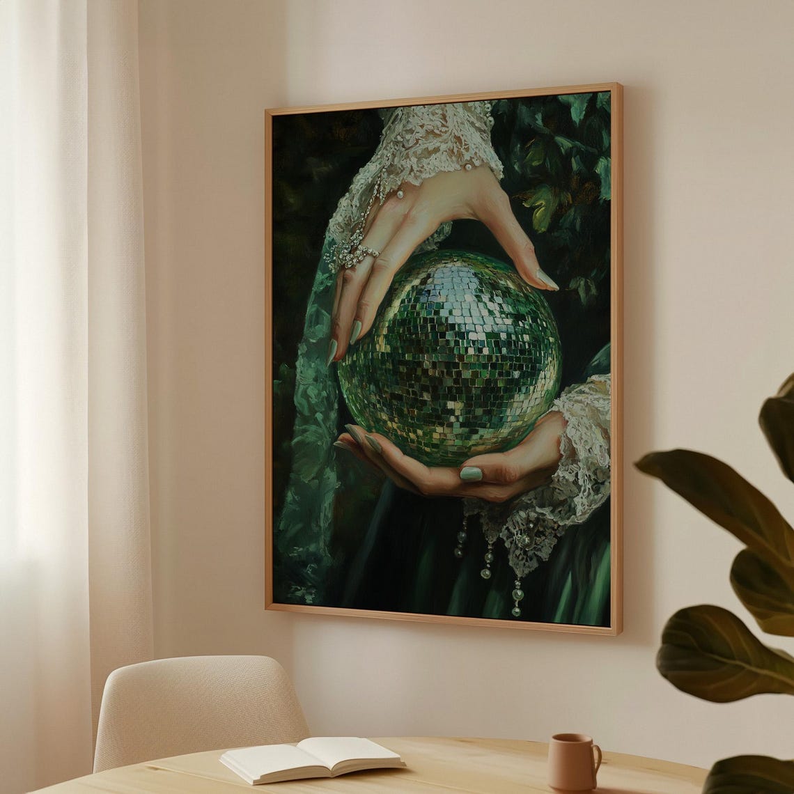 Woman in Green Dress Holding Sparkling Disco Ball in Hands Poster - Image 3