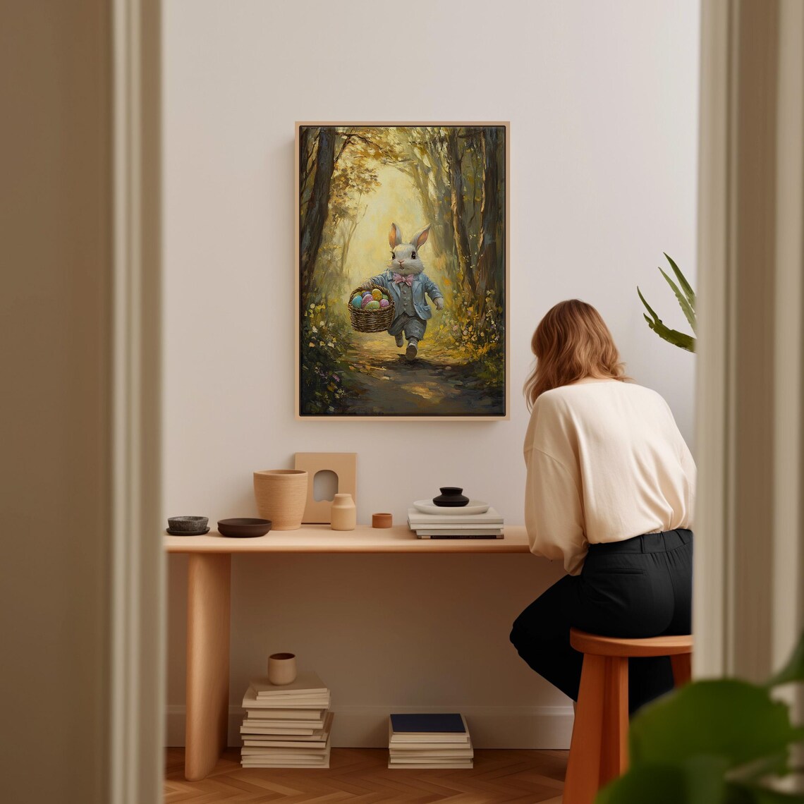Easter Bunny With Egg Basket, Rustic Spring Art Print - Image 4