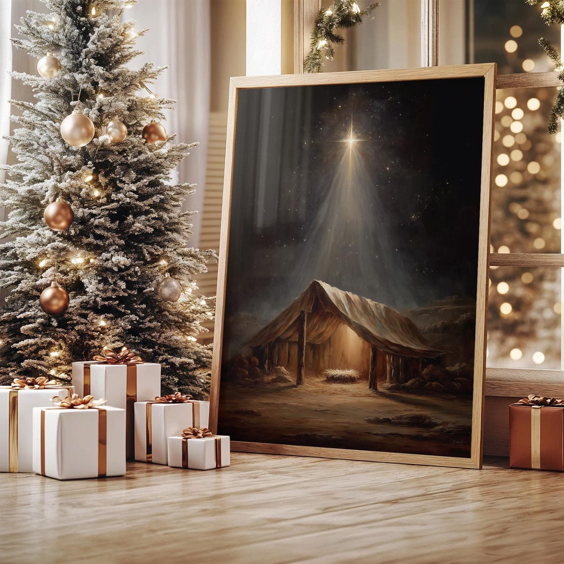 Star of Bethlehem Shining Over Empty Manger Night Sky Poster