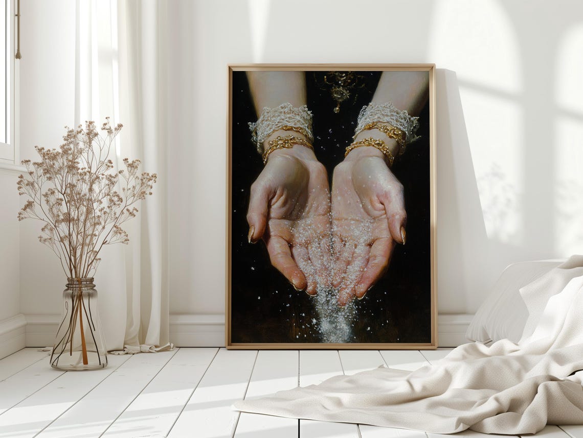 Elegant Hands Pouring Sparkling Crystals Luxury Gold Still Life Poster