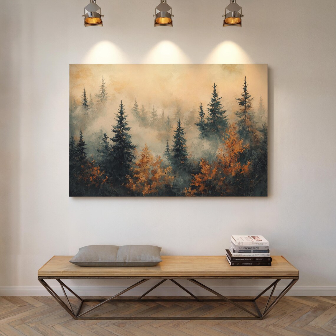 Misty Autumn Forest Golden Orange Foliage And Foggy Evergreens Wall Art