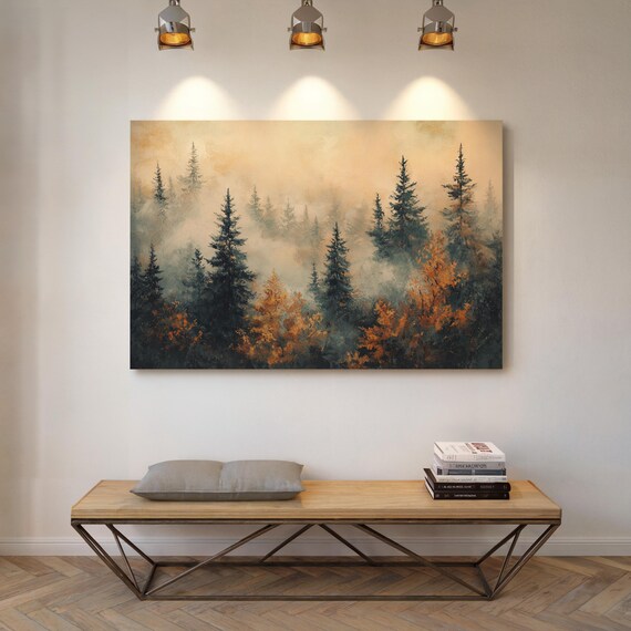 Misty Autumn Forest Golden Orange Foliage And Foggy Evergreens Wall Art