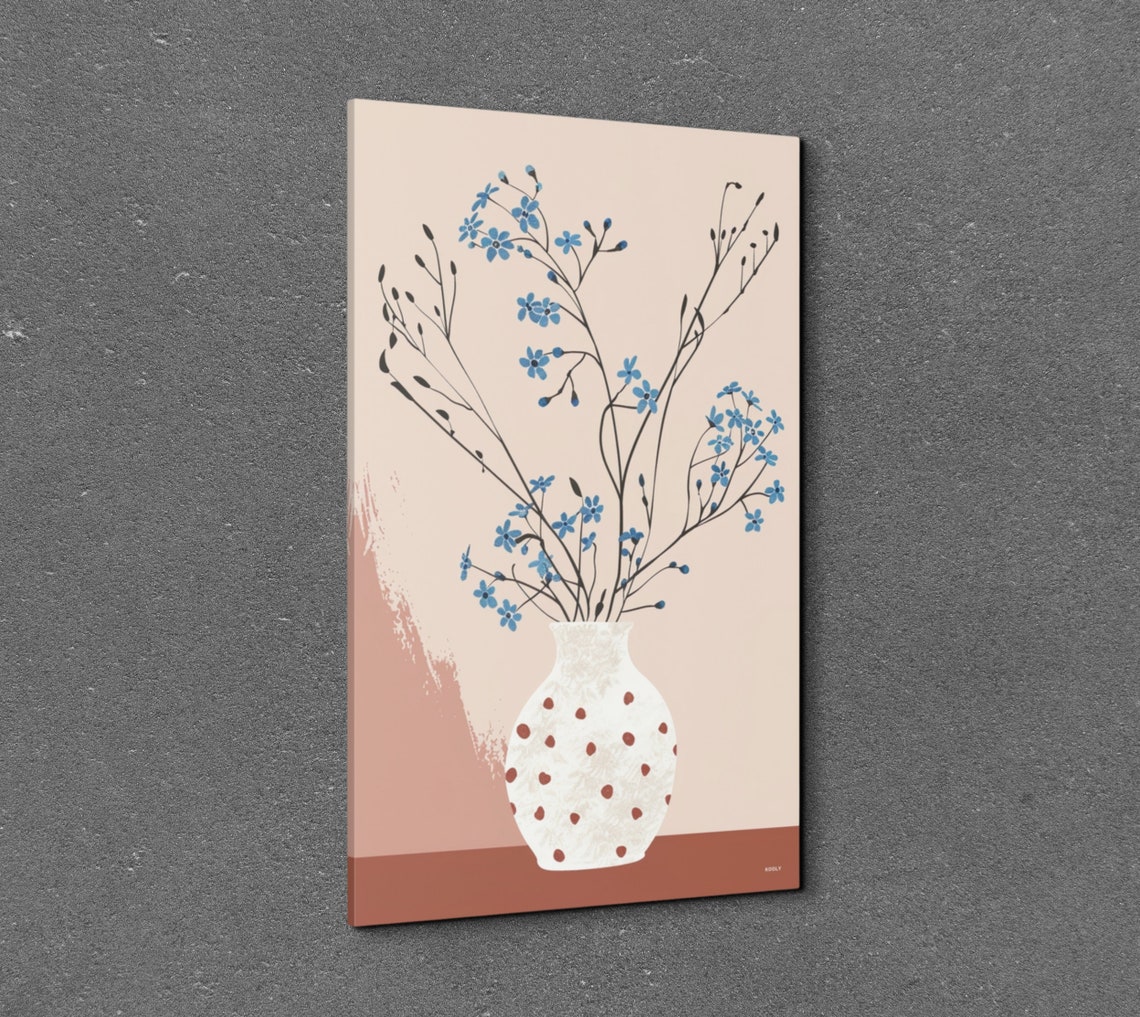 Delicate Blue Blooms in Dotted White Vase Blush Minimalist Art Poster - Image 3