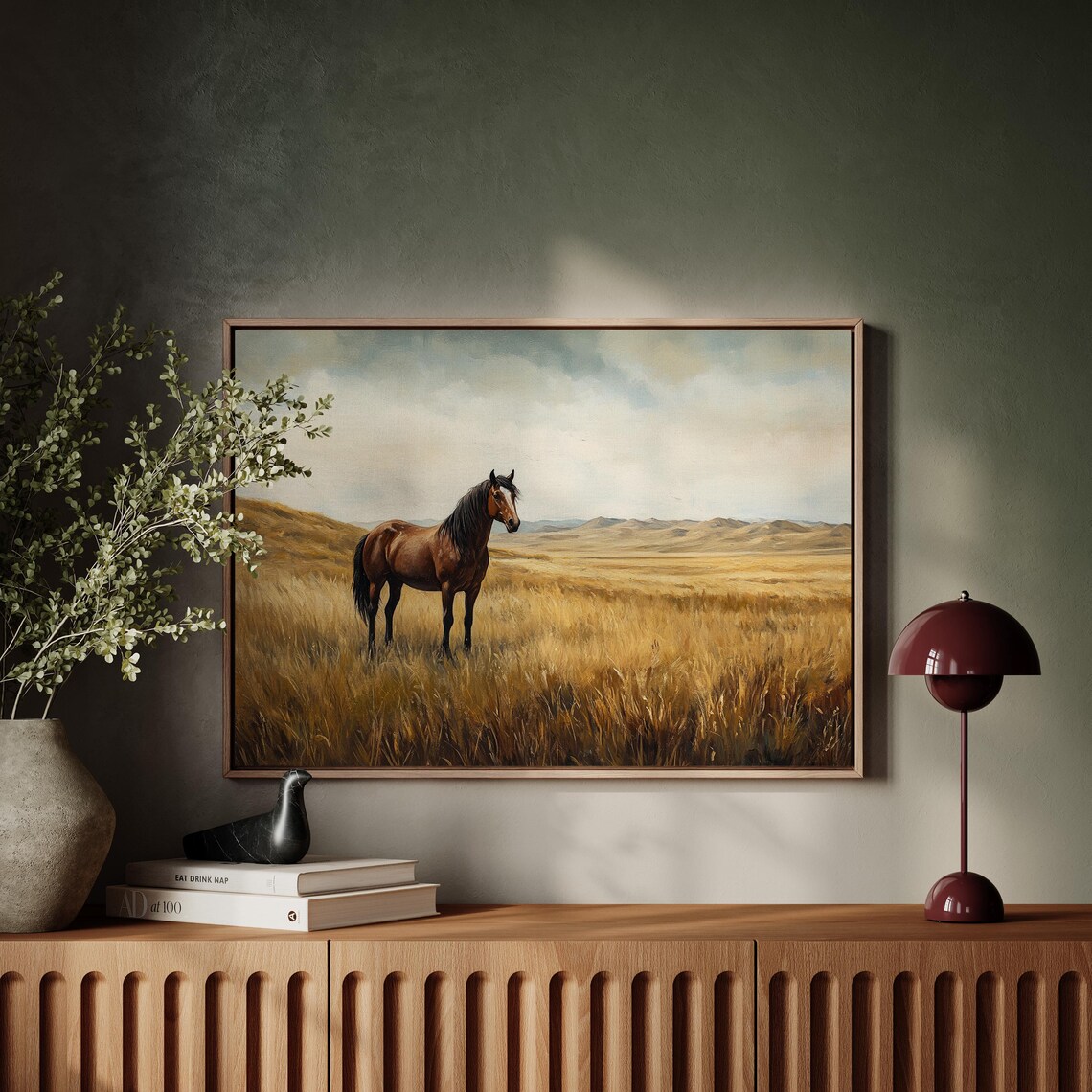 Solitary Wild Horse in Tall Golden Prairie Grass Landscape Poster