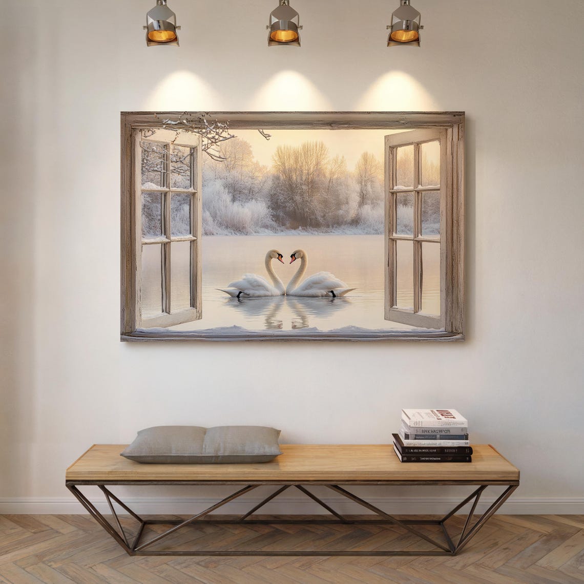 Two Swans Heart Shape Winter Window Lake View Romantic Poster - Image 4