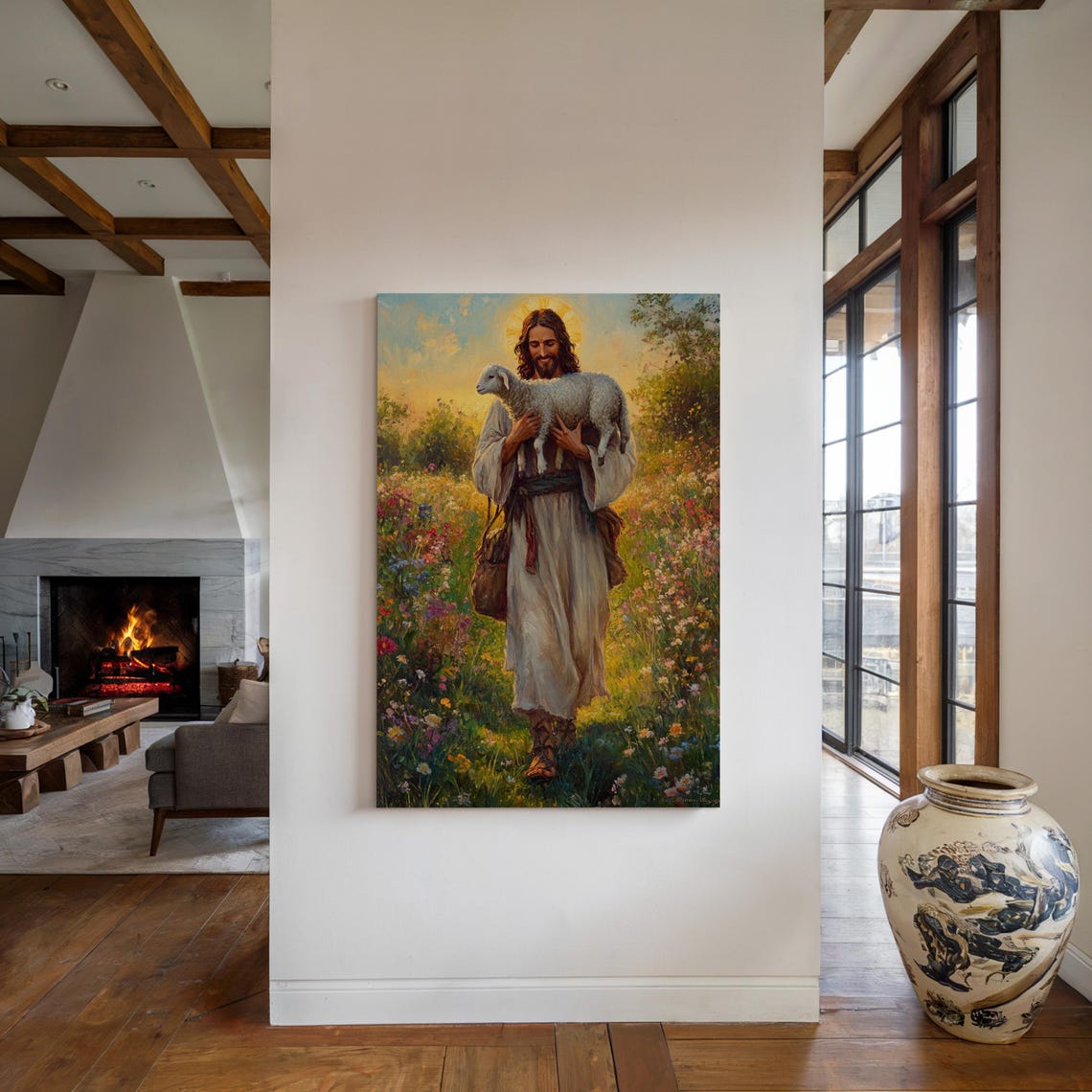 Jesus Carrying Sheep Over Shoulder Sunset Wildflower Field Art Print - Image 4
