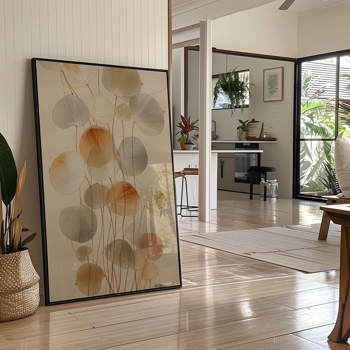 Golden Botanical Leaves Transparent Nature Wall Art for Living Room