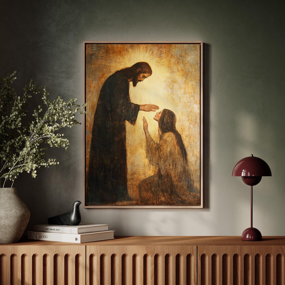 Jesus Laying Hands in Blessing Over a Kneeling Woman in Golden Tones Poster - Image 4