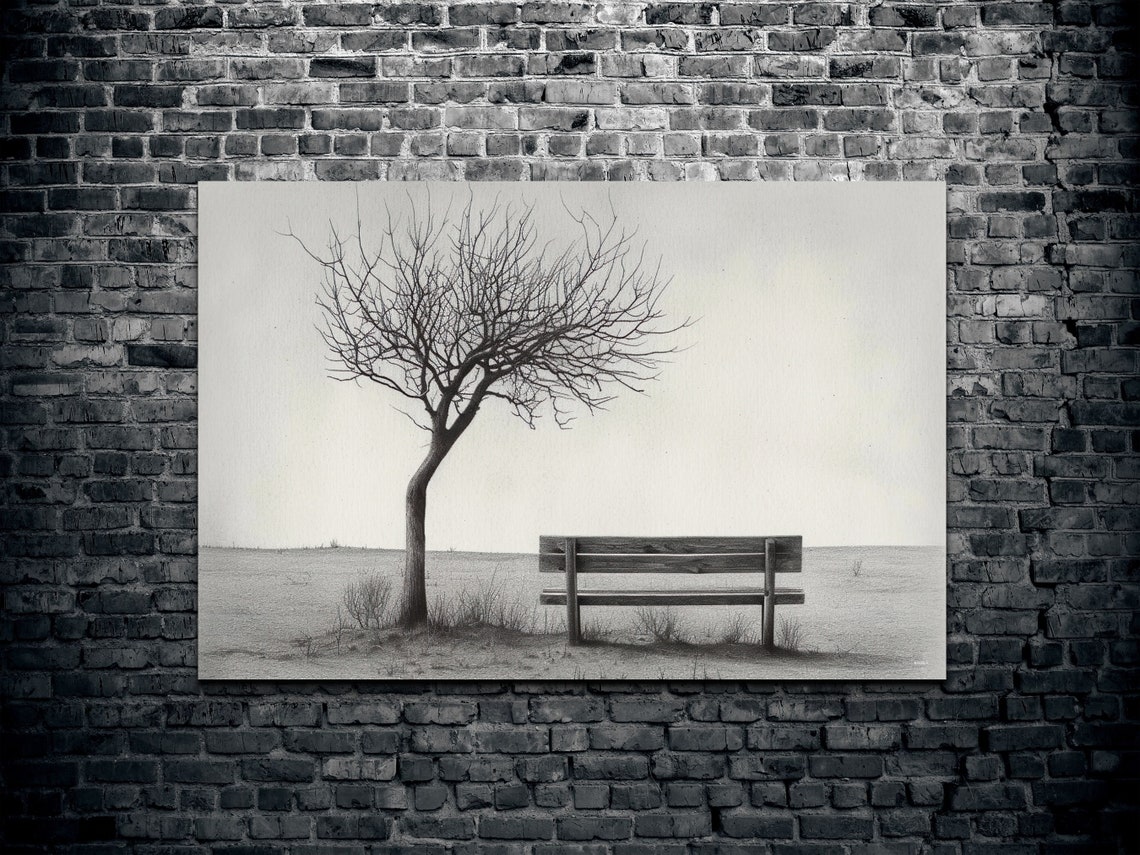 Lone Bare Tree Empty Bench Charcoal Minimal Park Sketch Poster - Image 5
