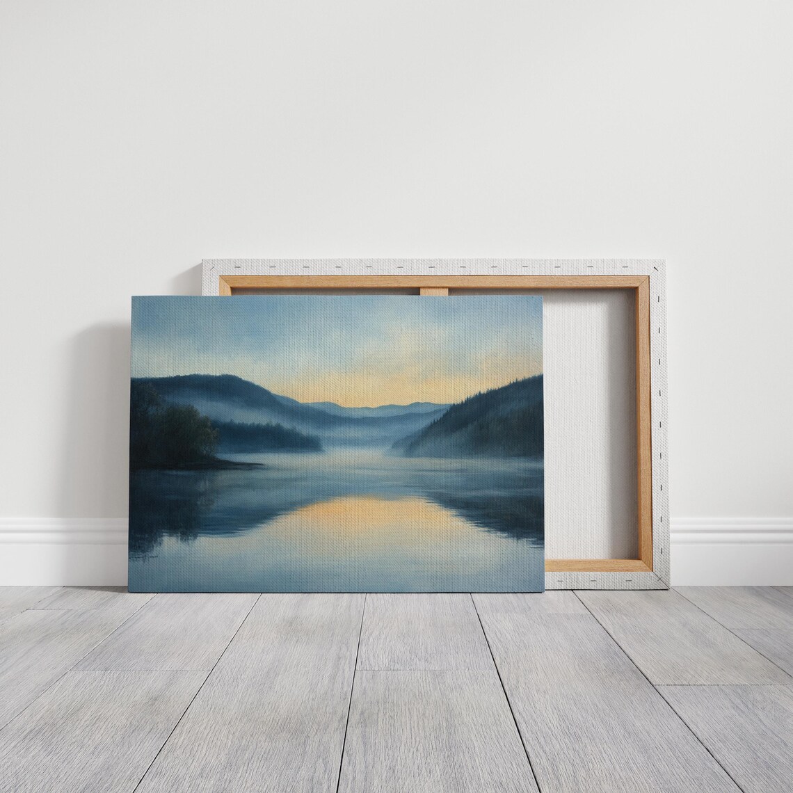 Misty Blue Lake Sunrise Foggy Hills Golden Glow Reflection Art Poster - Image 7