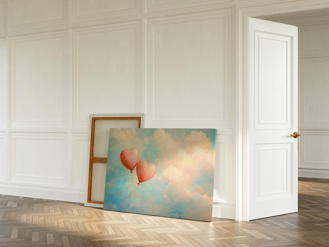 Pink Heart Balloons Floating In Pastel Sky Whimsical Love Cloud Poster - Image 6