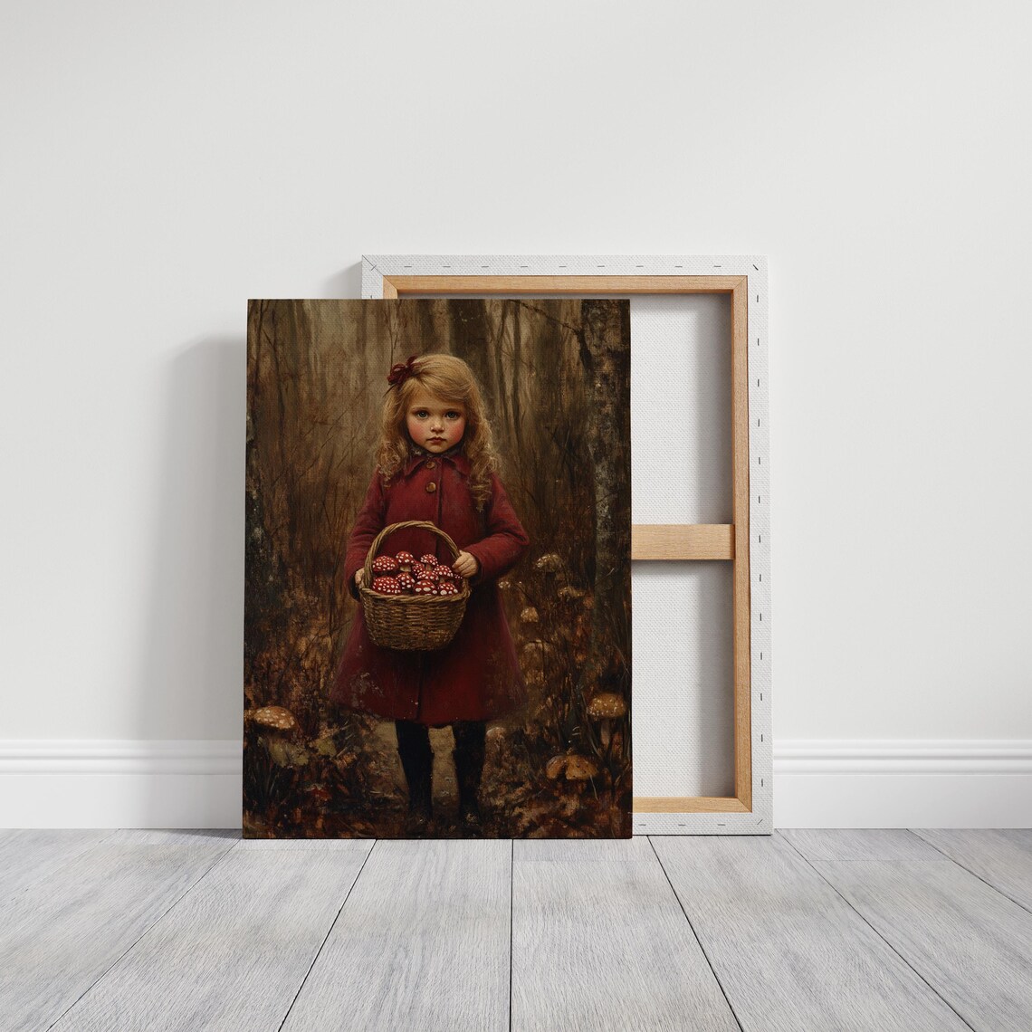 Little Girl in Red Coat With Basket of Mushrooms, Vintage - Image 6