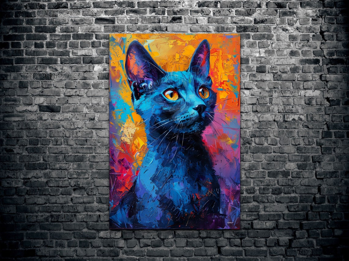 Colorful Blue Cat Portrait Pop Art on Orange Background Wall Art - Image 2