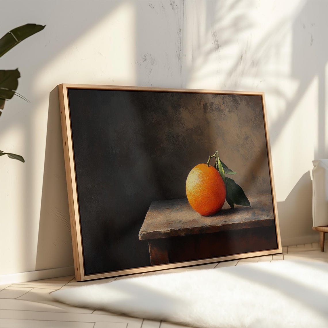 Single Orange on Rustic Wooden Table Chiaroscuro Still Life Poster - Image 2