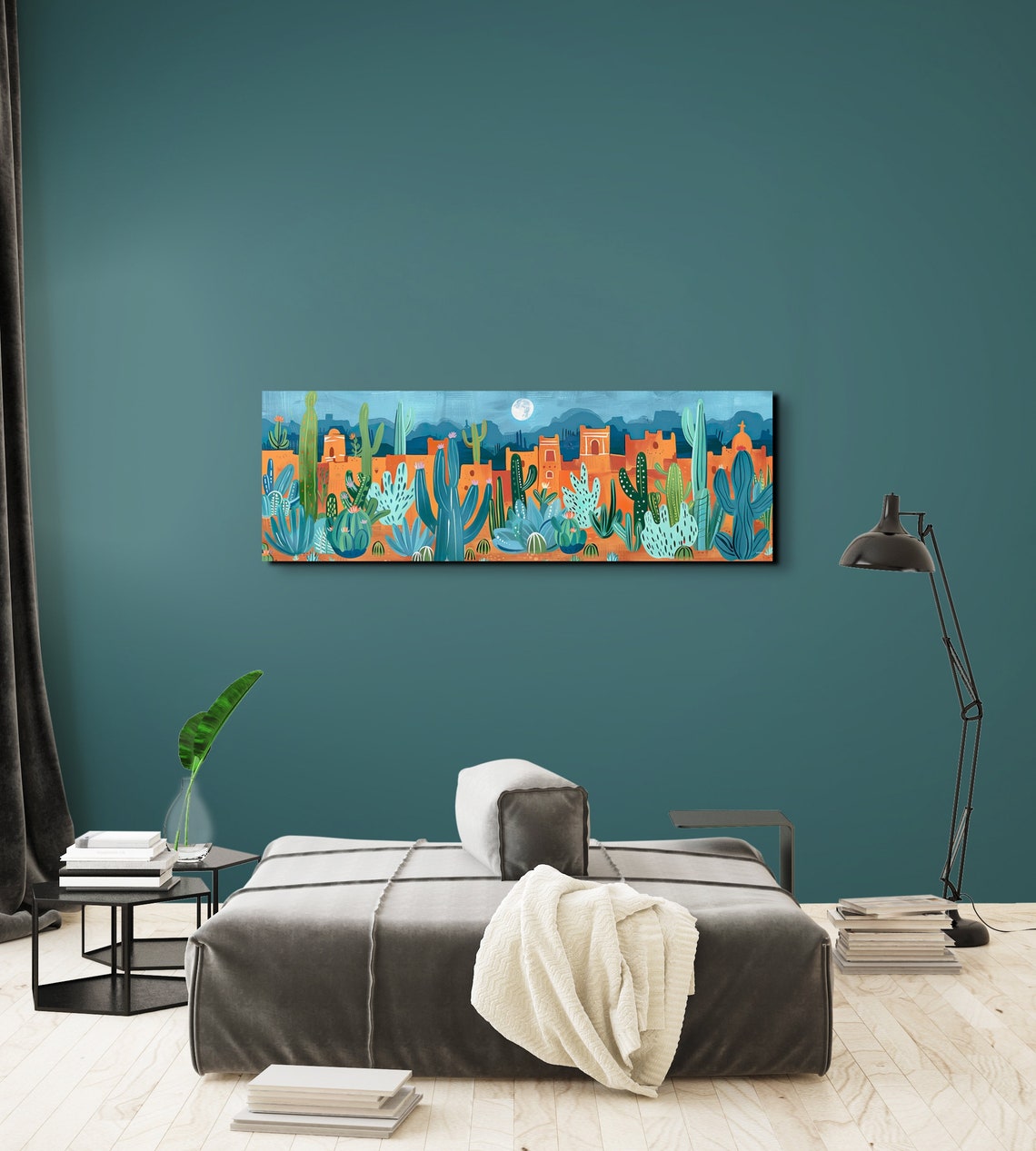 Southwest Desert Pueblo Saguaro Cacti Under Moonlit Folk Art Poster - Image 5