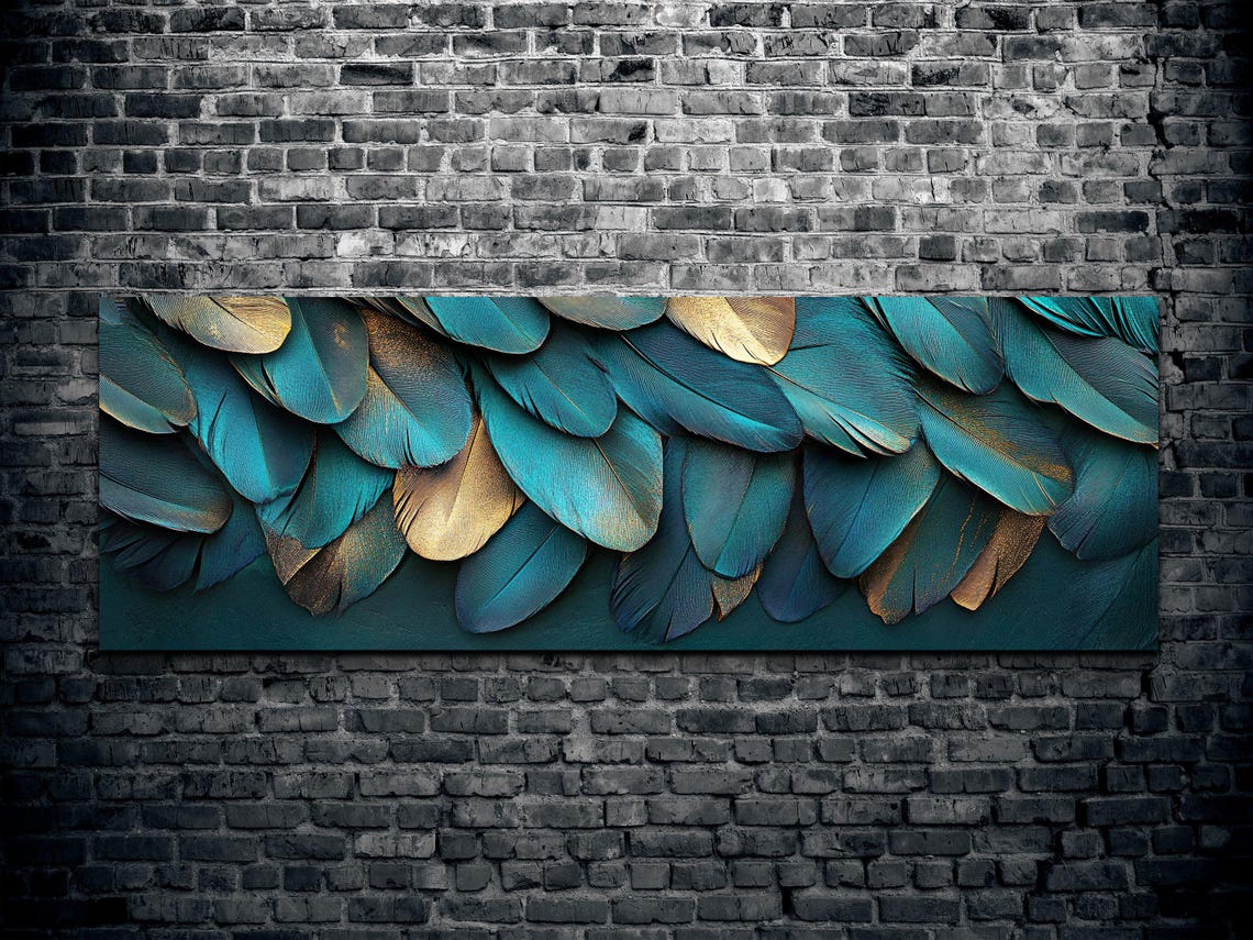 Layered Teal Gold Feathers Modern Elegant Panoramic Nature Poster - Image 2
