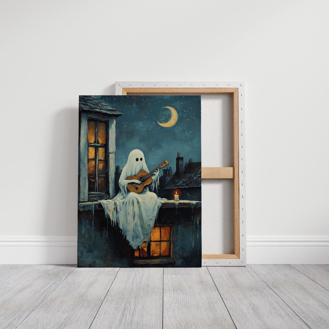 Cute Ghost Playing Guitar on a Rooftop Under Crescent Moon Poster - Image 3