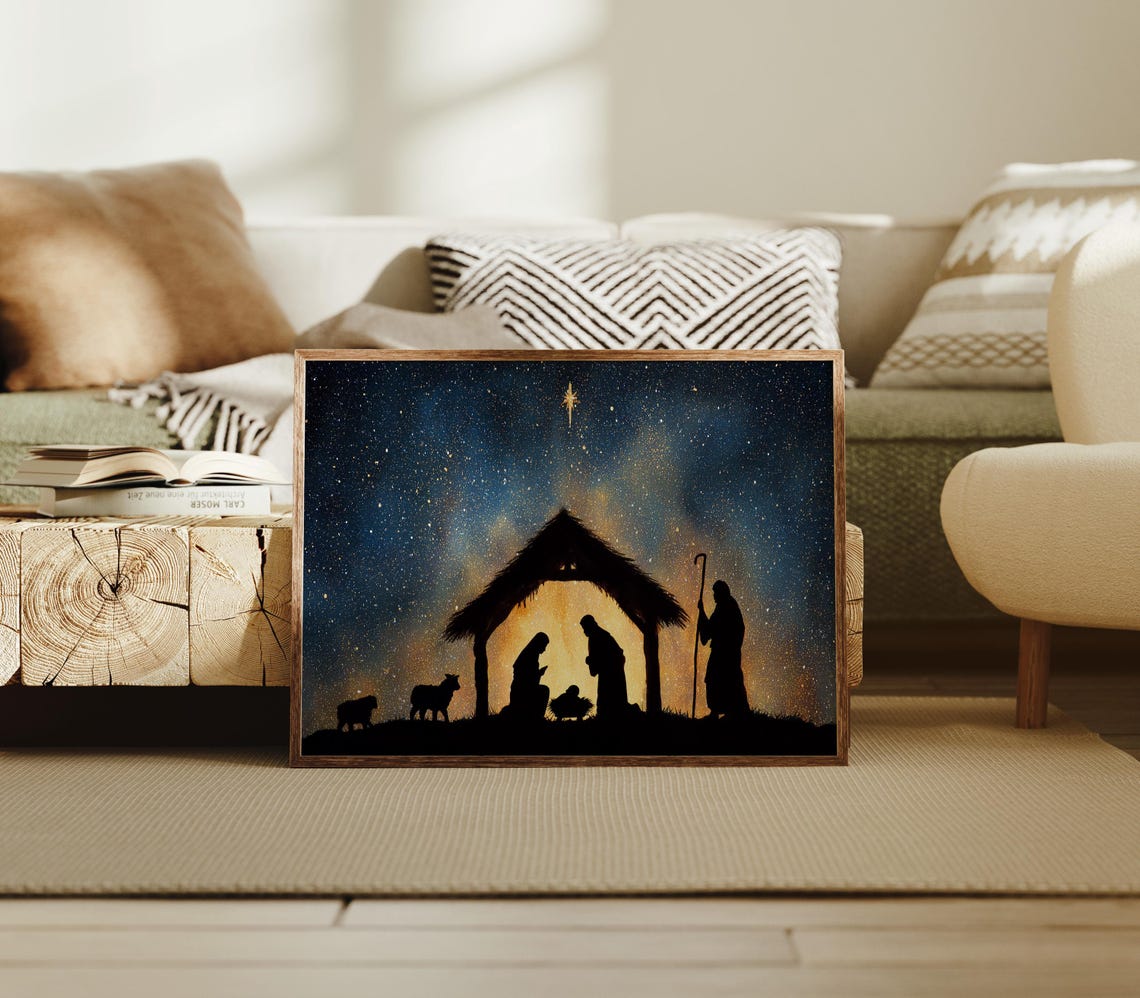 Nativity Silhouette Starry Night Star Of Bethlehem Art Poster