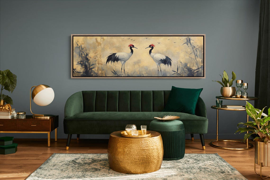 Mirrored Pair Red Crowned Cranes Misty Gold Asian Bamboo Art Poster - Image 5