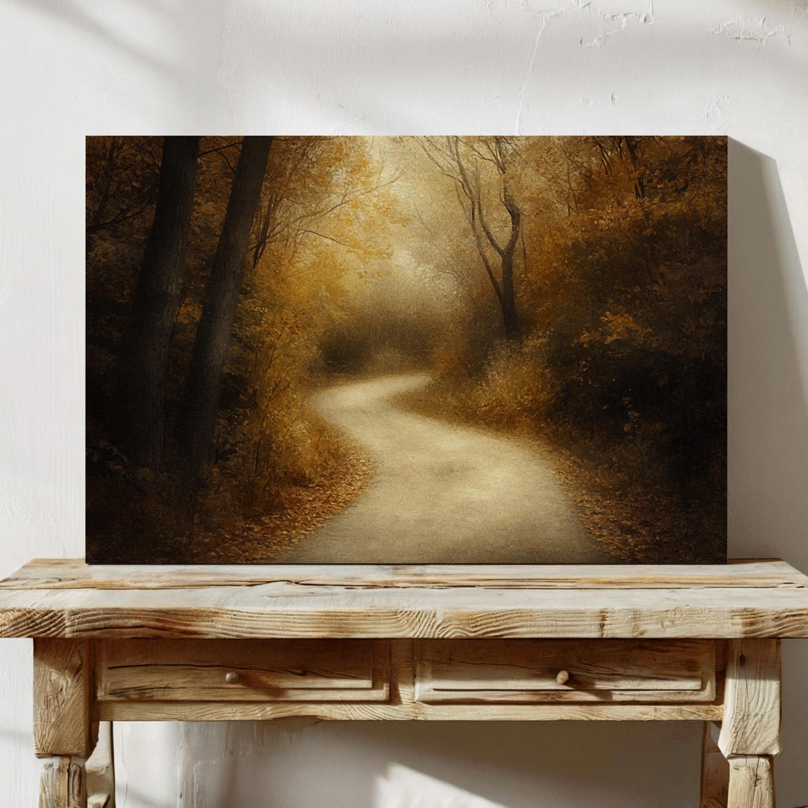 Misty Golden Forest Path Moody Autumn Landscape Painting Wall Art - Image 7
