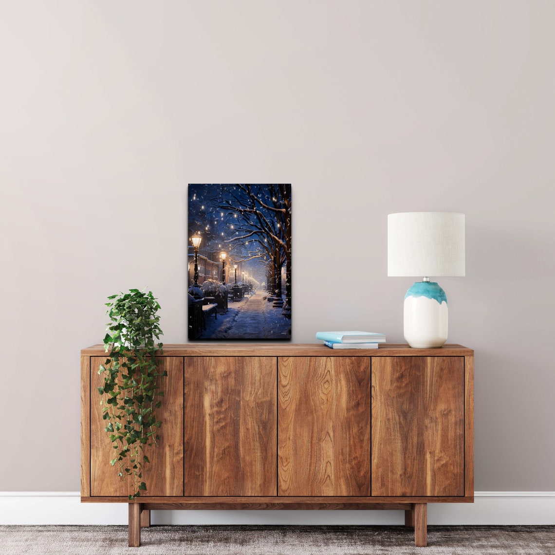 Snowy Winter Street Night Glowing Lamps Falling Snow Art Poster - Image 4
