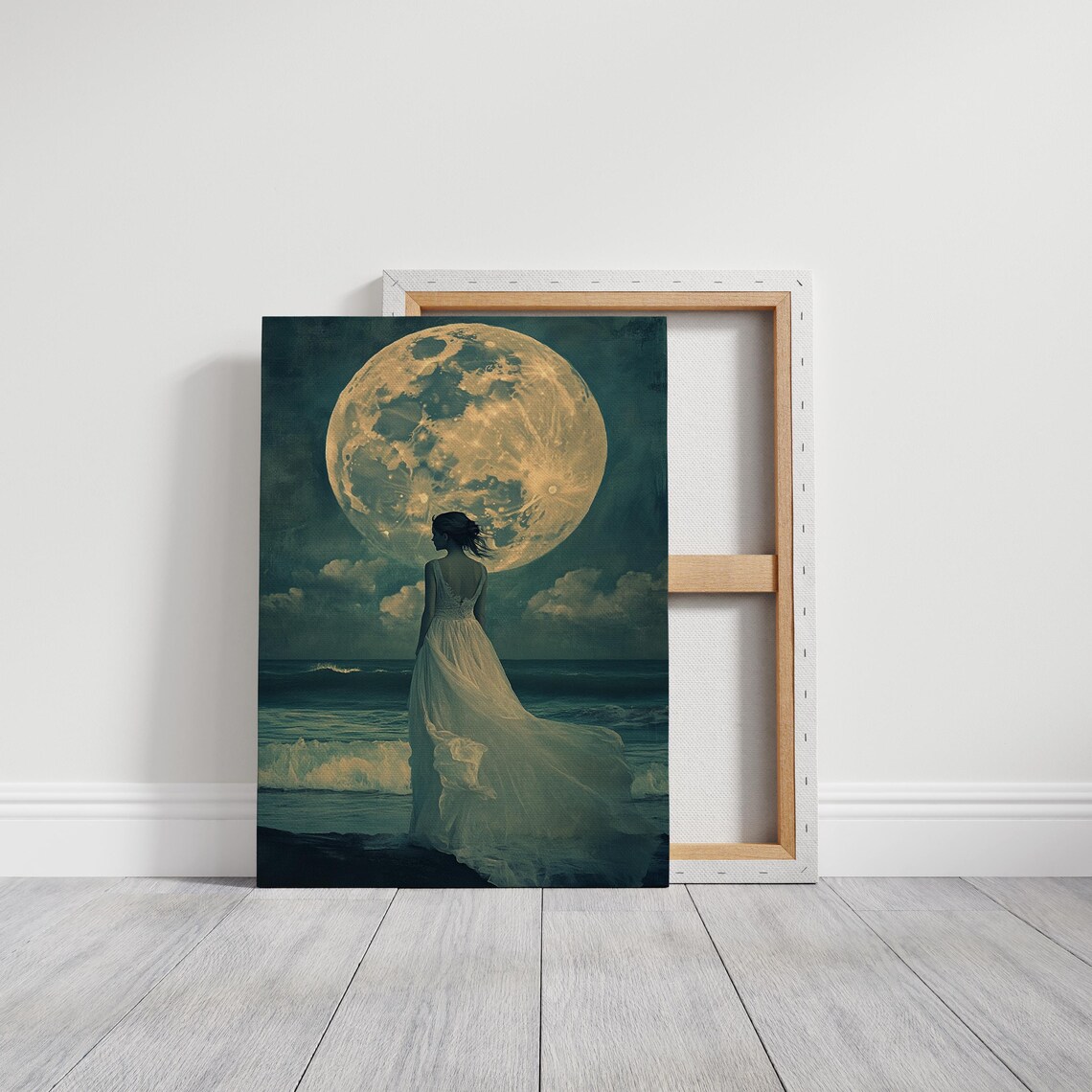 Moonlit Ocean Woman in White Dress Art Print - Image 3