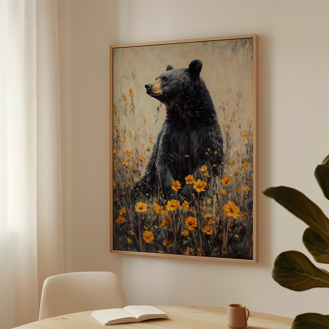 Majestic Black Bear Among Golden Wildflowers Rustic Art Poster - Image 3