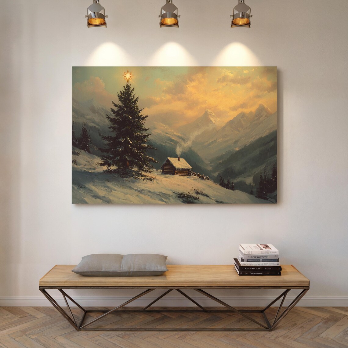 Rustic Christmas Cabin, Snowy Mountain Sunset - Image 4