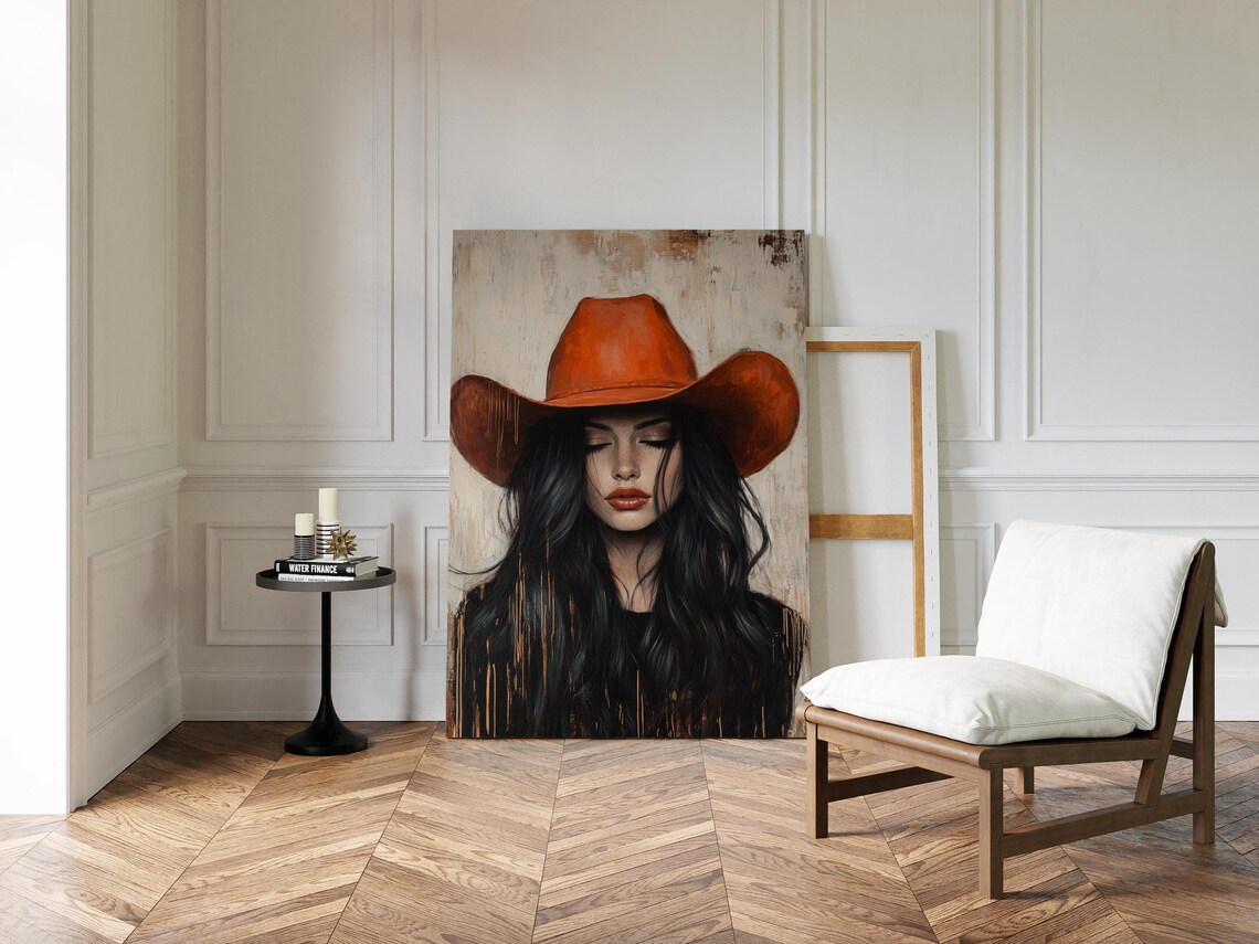 Red Hat Cowgirl Closed Eyes Black Hair Canvas Portrait Art Poster